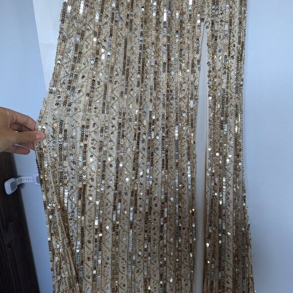 Mac Duggal Embellished Sequined Halter Strap Trumpet Gown Gold Nude Size 2 NWT - Picture 13 of 14